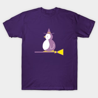 Witch Penguin Riding a Broom Vector Illustration T-Shirt